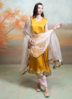 Mustard yellow lace embroidered modal satin kurta set 2