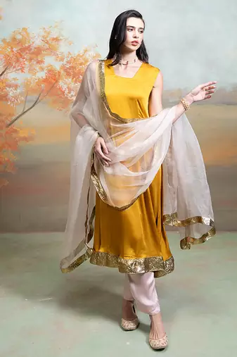 Mustard yellow lace embroidered modal satin kurta set