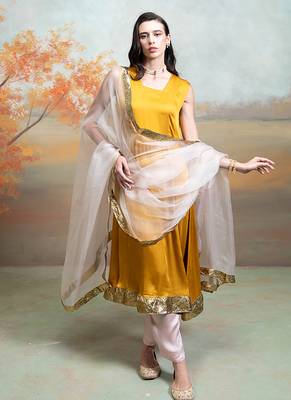 Mustard yellow lace embroidered modal satin kurta set 3