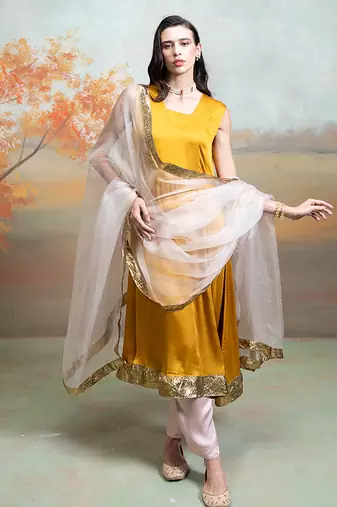 Mustard yellow lace embroidered modal satin kurta set