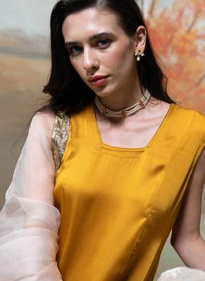 Mustard yellow lace embroidered modal satin kurta set 4