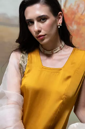 Mustard yellow lace embroidered modal satin kurta set