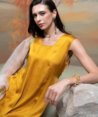 Mustard yellow lace embroidered modal satin kurta set 5