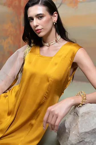 Mustard yellow lace embroidered modal satin kurta set