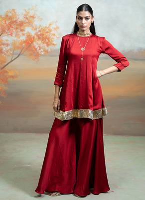 Deep maroon lace embroidered modal satin co ord set 1