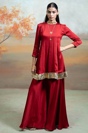 Deep maroon lace embroidered modal satin co ord set