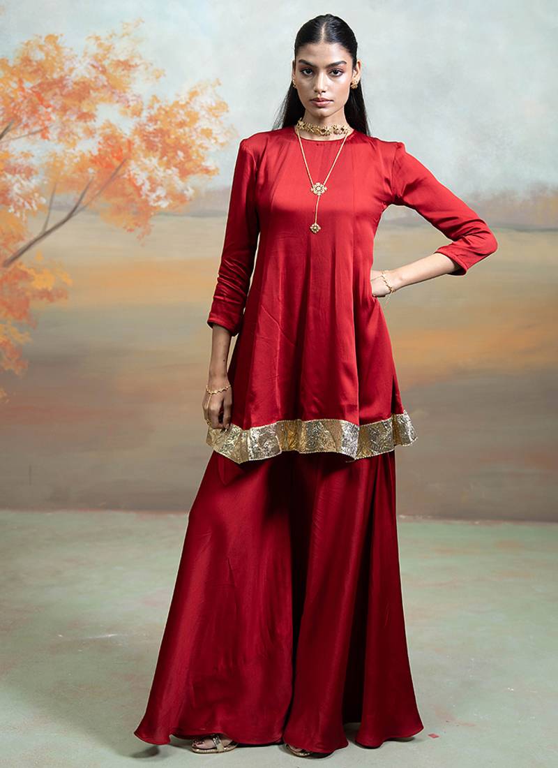 Deep maroon lace embroidered modal satin co ord set