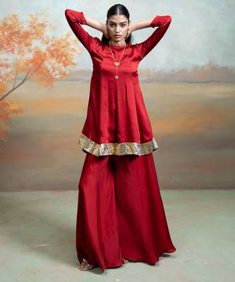 Deep maroon lace embroidered modal satin co ord set 2
