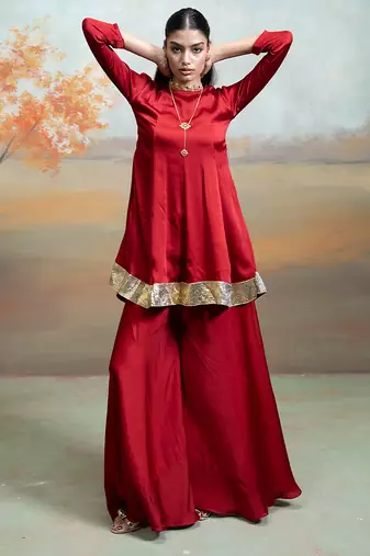 Deep maroon lace embroidered modal satin co ord set
