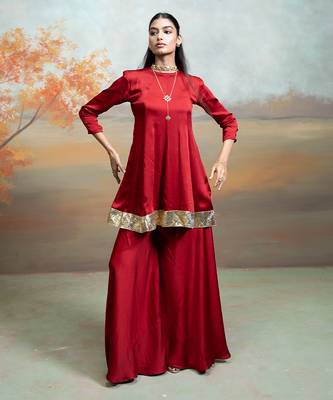 Deep maroon lace embroidered modal satin co ord set 3