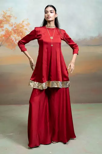 Deep maroon lace embroidered modal satin co ord set