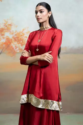 Deep maroon lace embroidered modal satin co ord set