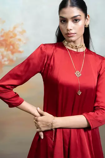 Deep maroon lace embroidered modal satin co ord set