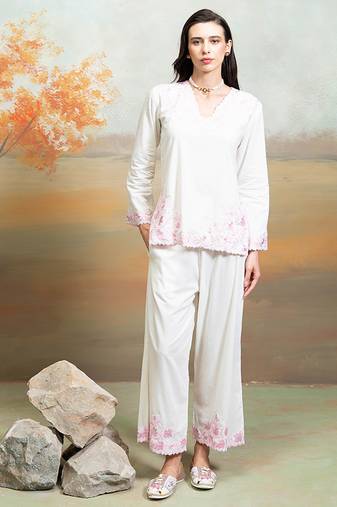 Off white embroidered mulmul co ord set