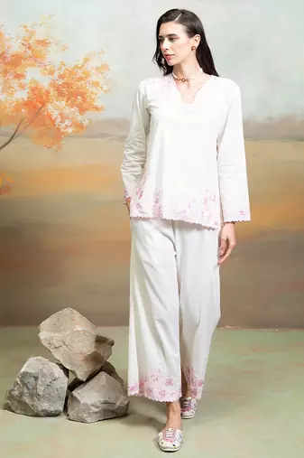 Off white embroidered mulmul co ord set