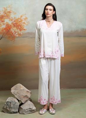 Off white embroidered mulmul co ord set 3