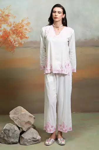 Off white embroidered mulmul co ord set