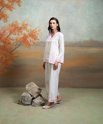 Off white embroidered mulmul co ord set 4