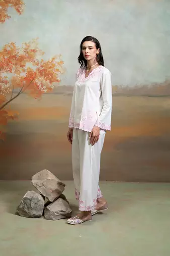 Off white embroidered mulmul co ord set