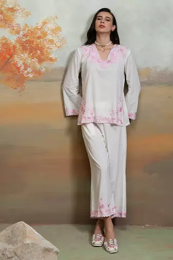Off white embroidered mulmul co ord set
