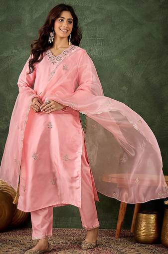 Floral embroidered silk v neck kurta trosuer & dupatta set