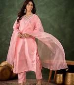 Floral embroidered silk v neck kurta trosuer & dupatta set