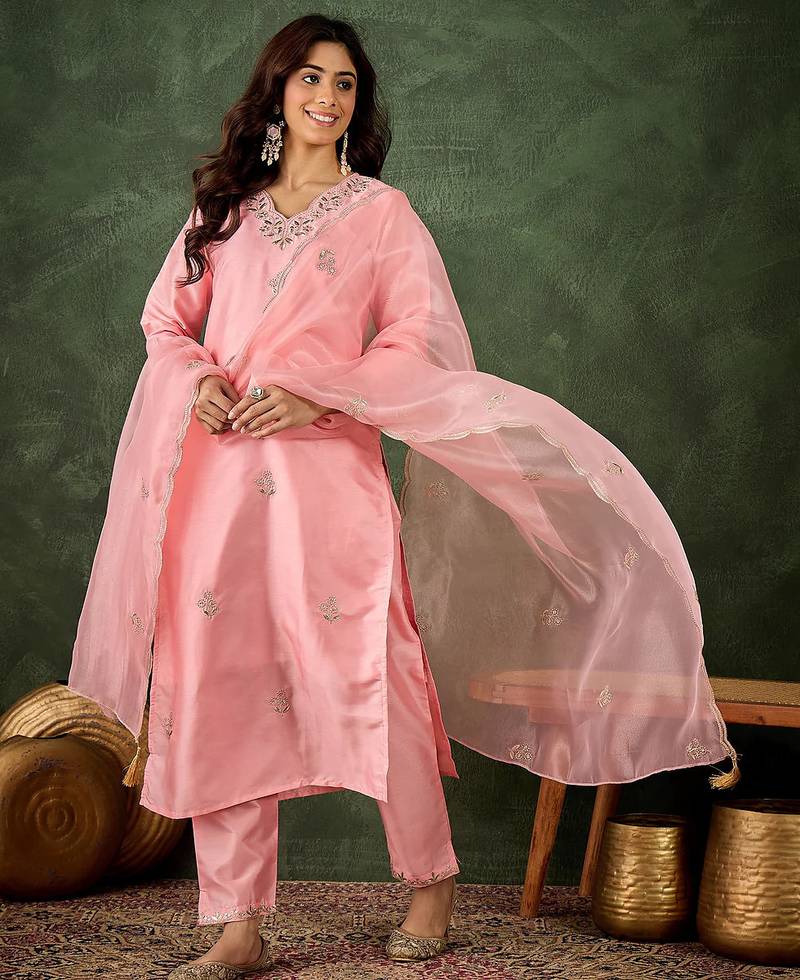 Floral embroidered silk v neck kurta trosuer & dupatta set
