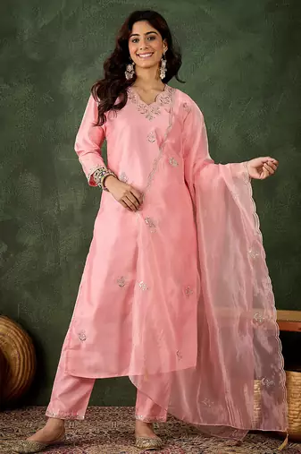 Floral embroidered silk v neck kurta trosuer & dupatta set
