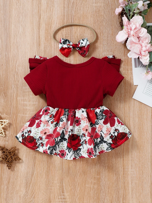 Red floral ribbed bow fit & flare girls dress 2