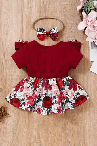 Red floral ribbed bow fit & flare girls dress