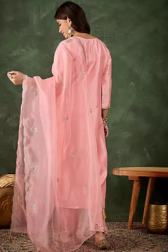 Floral embroidered silk v neck kurta trosuer & dupatta set