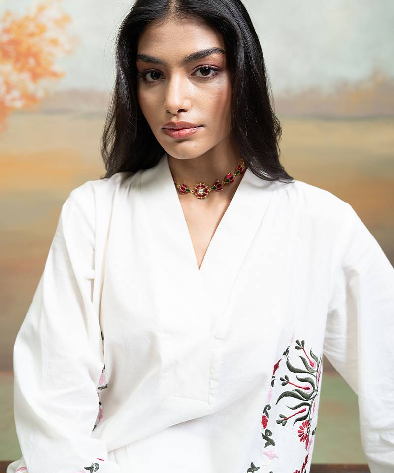 Off white embroidered mulmul kurta set
