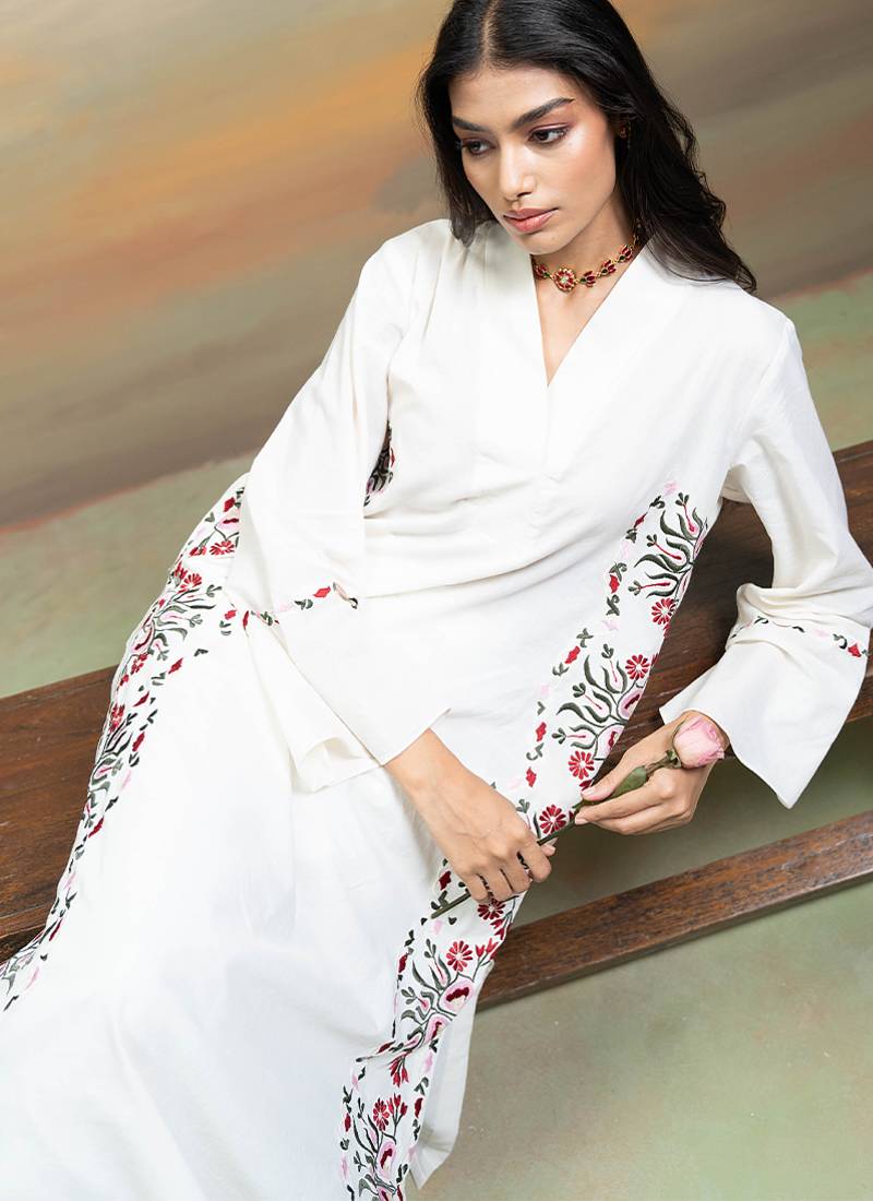Off white embroidered mulmul kurta set