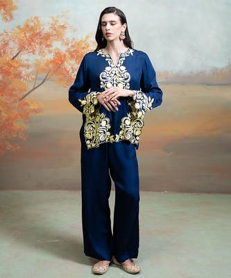 Navy blue embroidered modal satin co ord set 1