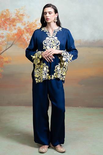 Navy blue embroidered modal satin co ord set