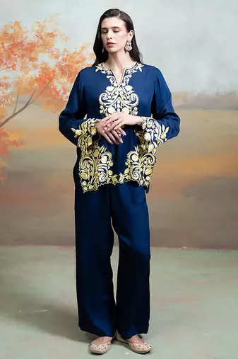 Navy blue embroidered modal satin co ord set