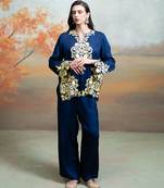 Navy blue embroidered modal satin co ord set