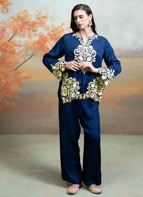 Navy blue embroidered modal satin co ord set 2