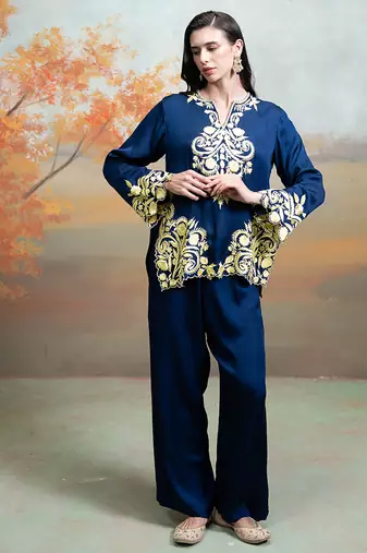 Navy blue embroidered modal satin co ord set