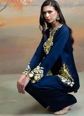 Navy blue embroidered modal satin co ord set 3