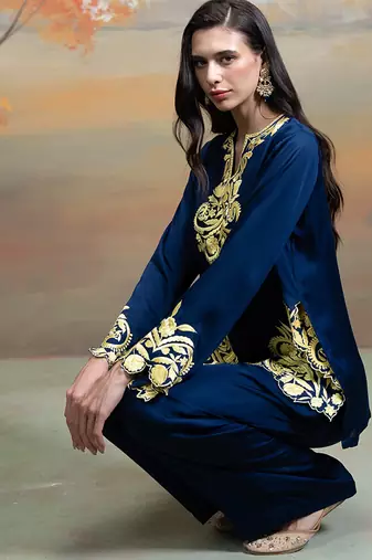 Navy blue embroidered modal satin co ord set