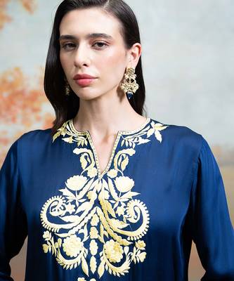 Navy blue embroidered modal satin co ord set 5