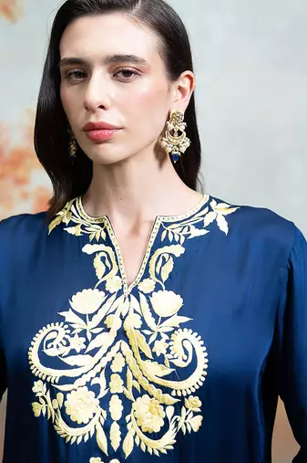 Navy blue embroidered modal satin co ord set