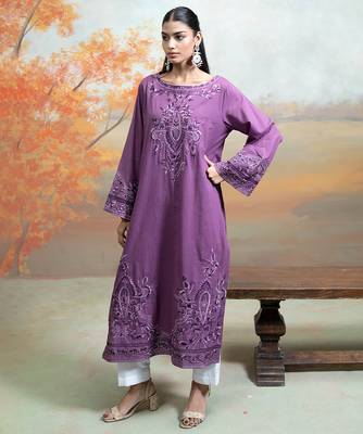 Purple embroidered mulmul kurta set 1