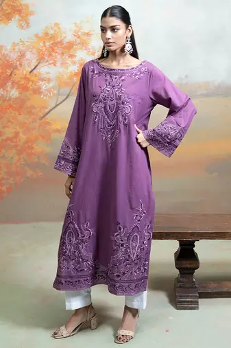 Purple embroidered mulmul kurta set