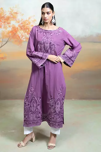 Purple embroidered mulmul kurta set