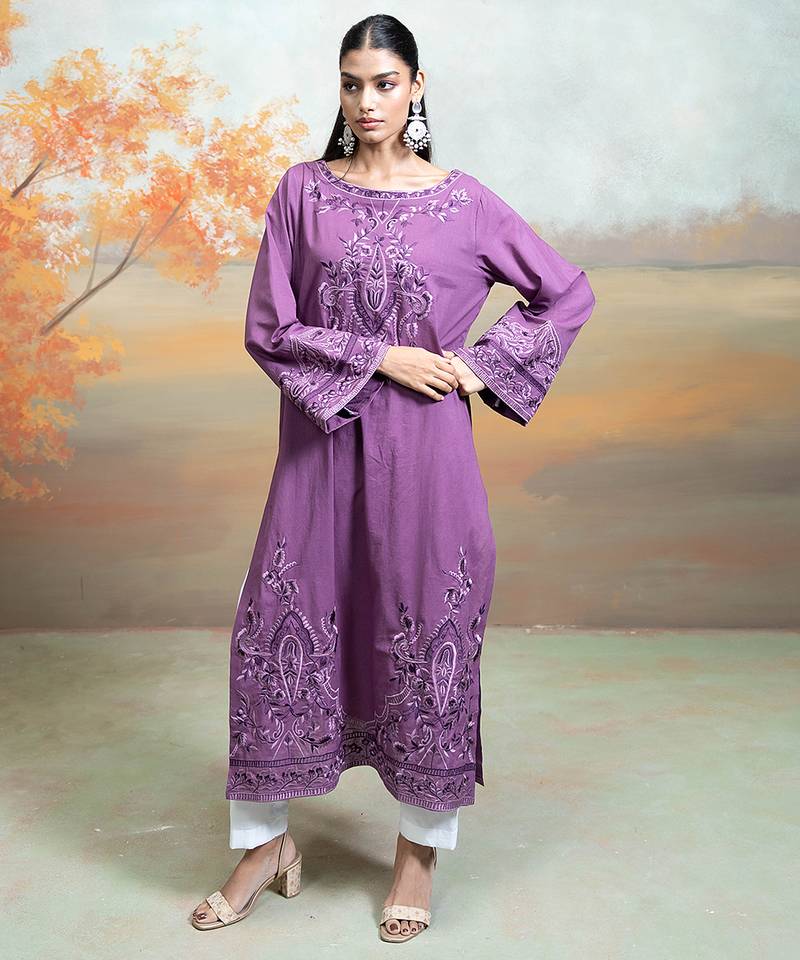 Purple embroidered mulmul kurta set