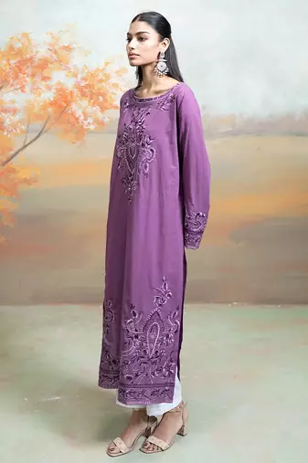 Purple embroidered mulmul kurta set