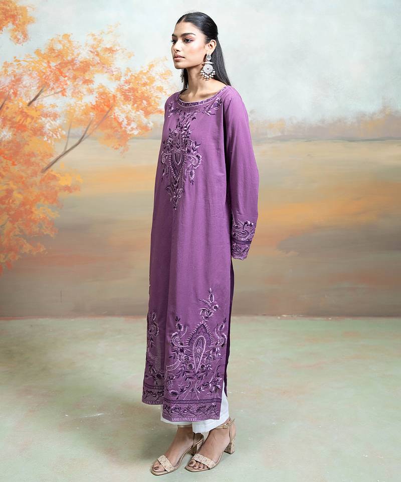 Purple embroidered mulmul kurta set