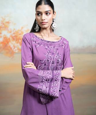 Purple embroidered mulmul kurta set 4